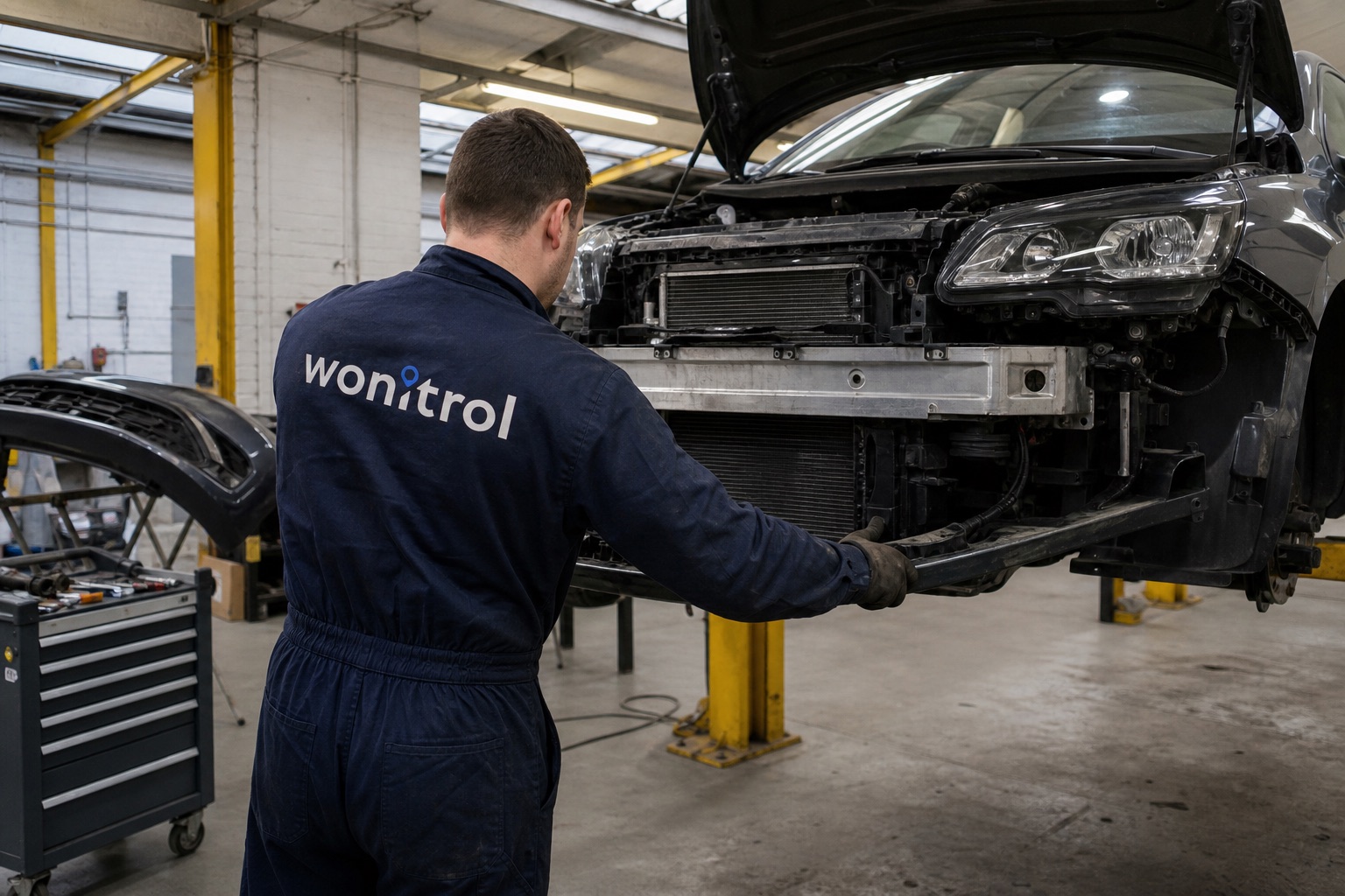 Een auto onder herstel in de werkplaats van Wonitrol, demontage in uitvoering.